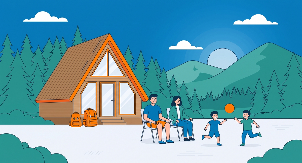 Ilustración de una familia con niños disfrutando de una escapada rural en Murcia