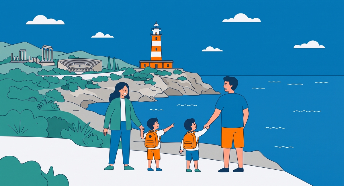 Ilustración de una familia con niños en el faro de Cabo de Palos y el Teatro Romano de Cartagena en Murcia