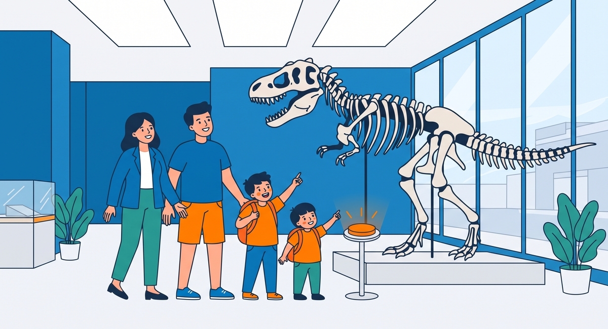 Ilustración de una familia con niños visitando un museo interactivo en Murcia