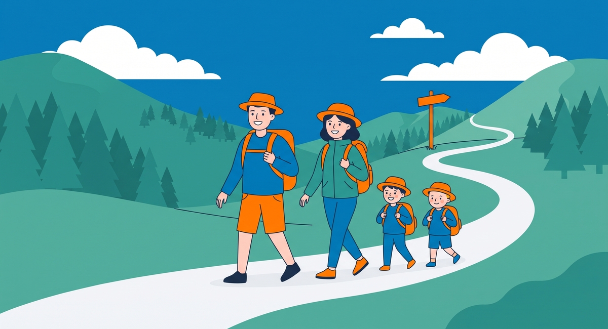 Ilustración de una familia con niños caminando por un sendero de montaña en Murcia, con mochilas y rodeados de árboles y naturaleza