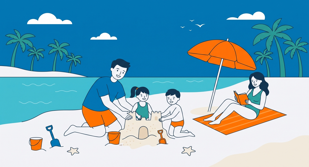 Ilustración de una familia con niños jugando en la playa en Murcia, construyendo un castillo de arena bajo una sombrilla naranja