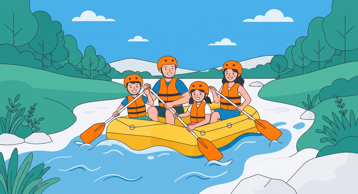 Ilustración de una familia con niños haciendo rafting en el Río Segura en Murcia, con cascos y chalecos salvavidas